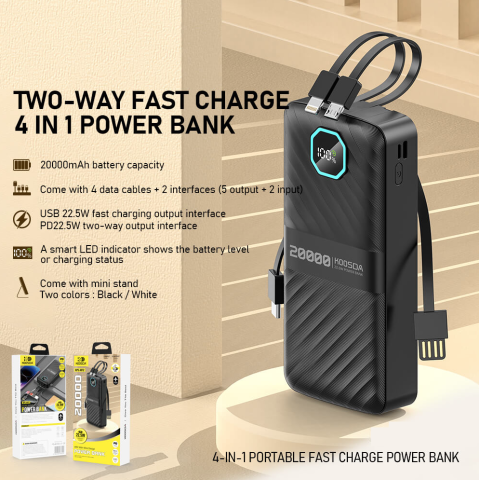 Baterie externă Power Bank KPS-NF12, 20.000 mAh, încărcare rapidă PD 22,5W, 4 cabluri integrate, display LED - Negru [3]