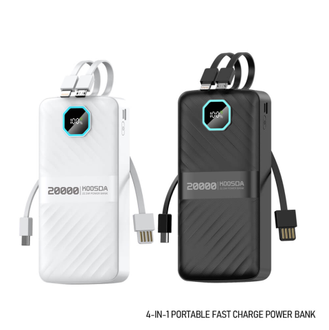 Accesorii Tech - Baterie externă Power Bank KPS-NF12, 20.000 mAh, încărcare rapidă PD 22,5W, 4 cabluri integrate, display LED - Negru