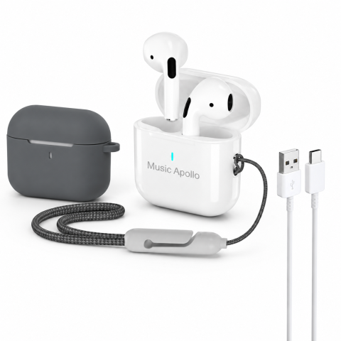 Accesorii Tech - Căști Wireless Bluetooth T14 Mini Air, autonomie până la 30 ore, ENC, microfon, cablu USB-C, husa silicon și șnur - Alb