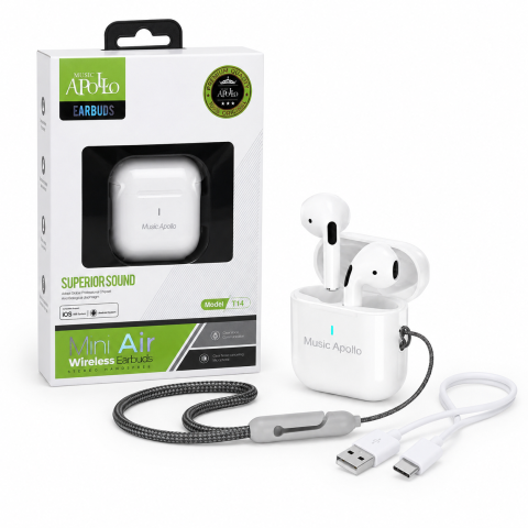 Căști Wireless Bluetooth T14 Mini Air, autonomie până la 30 ore, ENC, microfon, cablu USB-C, husa silicon și șnur - Alb [1]