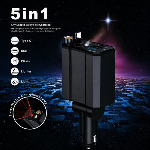 Încărcător auto multifuncțional 5 în 1, USB + Type-C, PD 3.0 Fast Charging, brichetă auto și lumină ambientală Starry Sky [2]