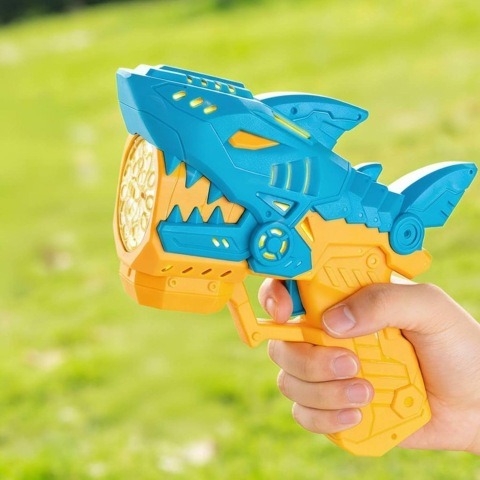 Pistol automat pentru baloane de săpun, model Rechin, cu lumină LED și cap rotativ, recipient inclus, 3+ ani - Albastru / Galben [2]