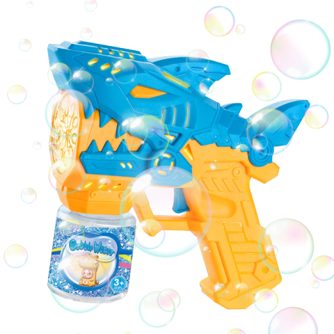 Jucarii - Pistol automat pentru baloane de săpun, model Rechin, cu lumină LED și cap rotativ, recipient inclus, 3+ ani - Albastru / Galben