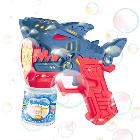 Jucarii - Pistol automat pentru baloane de săpun, model Rechin, cu lumină LED și cap rotativ, recipient inclus, 3+ ani - Albastru / Galben - Copie
