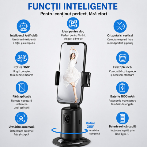 Stabilizator Inteligent cu Auto Face Tracking, Rotire 360°, Live Streaming si Videocall [3]