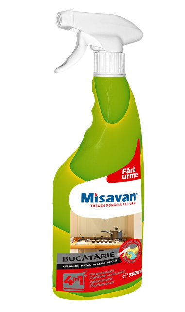 Solutie pentru caratat suprafete bucatarie, Misavan Bucatarie 4 in 1- 750ml, degreseaza, igienizeaza, indeparteaza petele si parfumeaza [1]