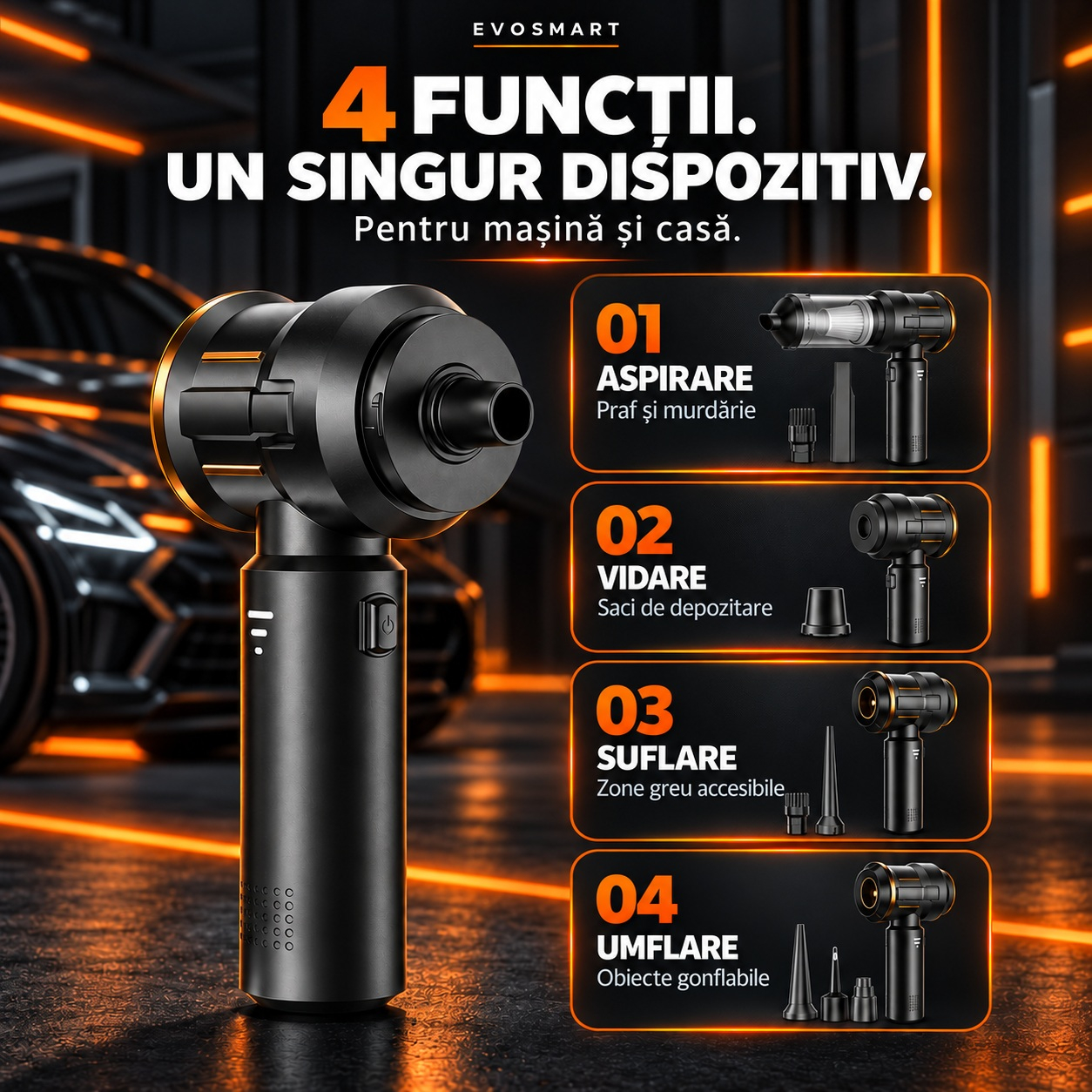 Aspirator auto fara fir EvoSmart 4-in-1 cu accesorii, filtre si geanta [2]