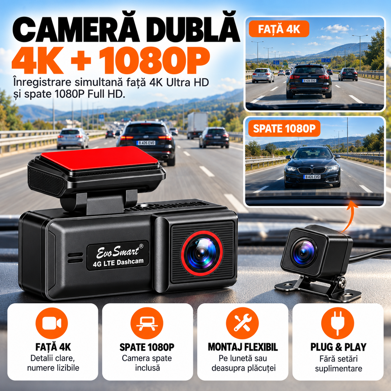 Cameră auto de bord EvoSmart U426 4K cu 4G LTE și GPS – kit complet [9]