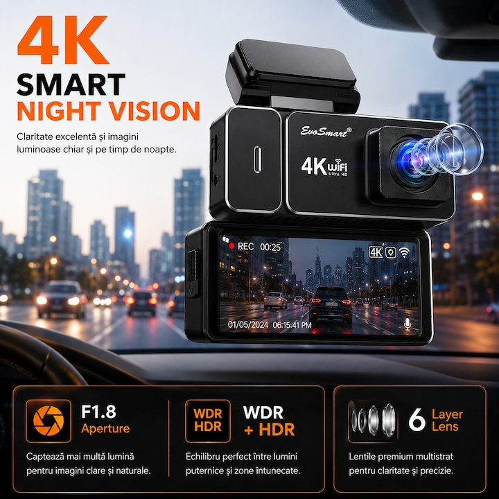 Cameră auto de bord EvoSmart 838 4K cu cameră spate [9]