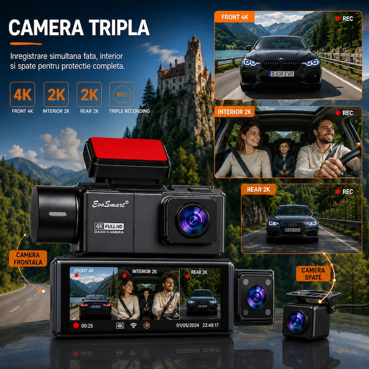 Cameră auto de bord EvoSmart Y226 cu 3 camere 4K + 2K + 2K [2]