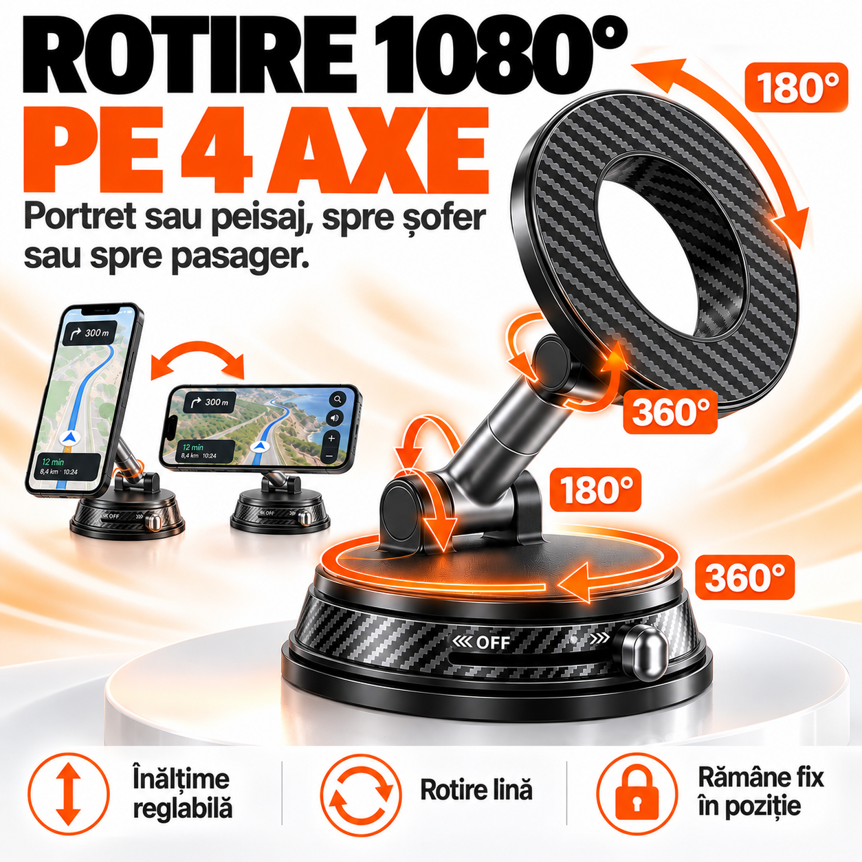 Suport Telefon Auto Magnetic EvoSmart A13 cu Ventuză Vacuum, Magneți N52, Rotire 1080°, Pliabil [6]