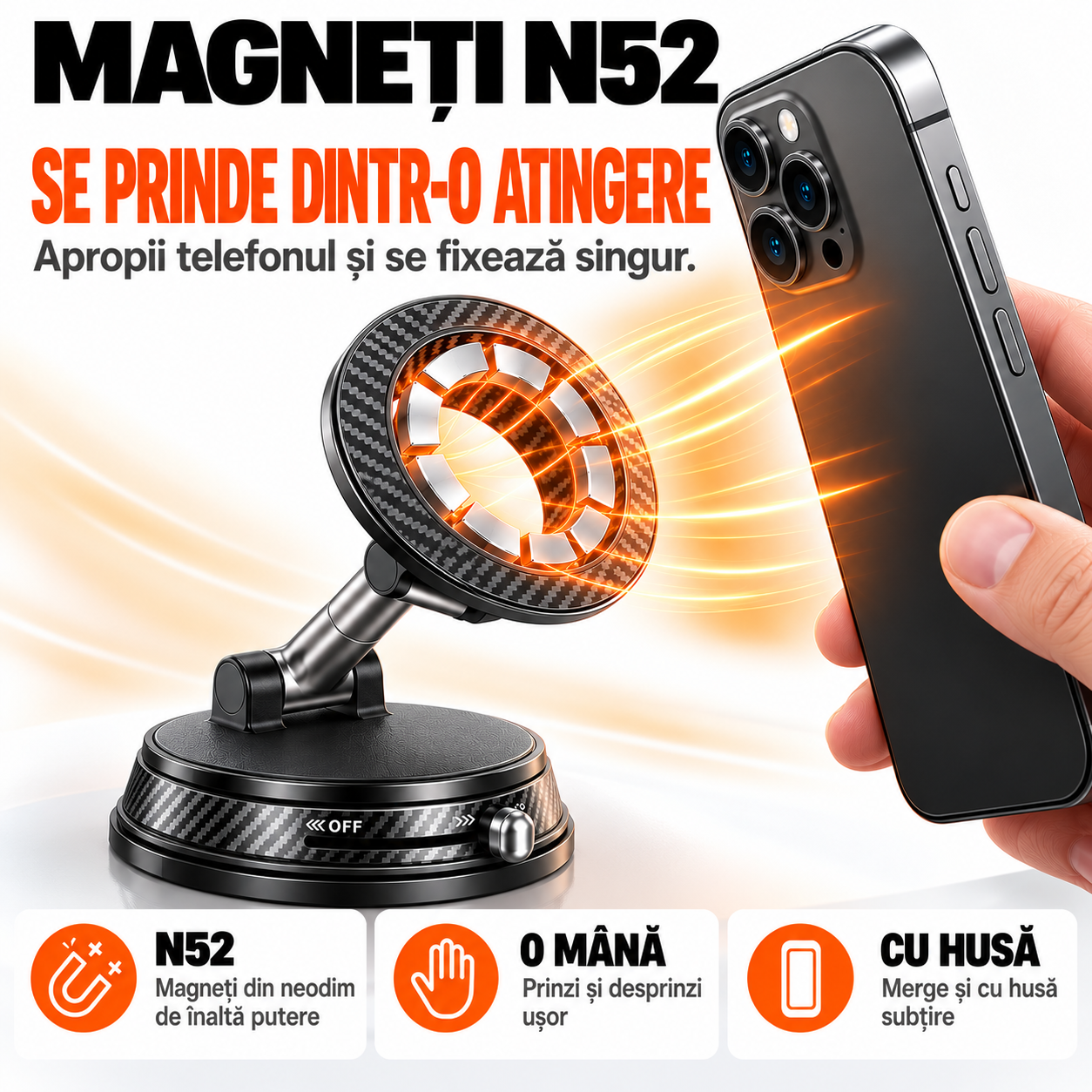 Suport Telefon Auto Magnetic EvoSmart A13 cu Ventuză Vacuum, Magneți N52, Rotire 1080°, Pliabil [5]