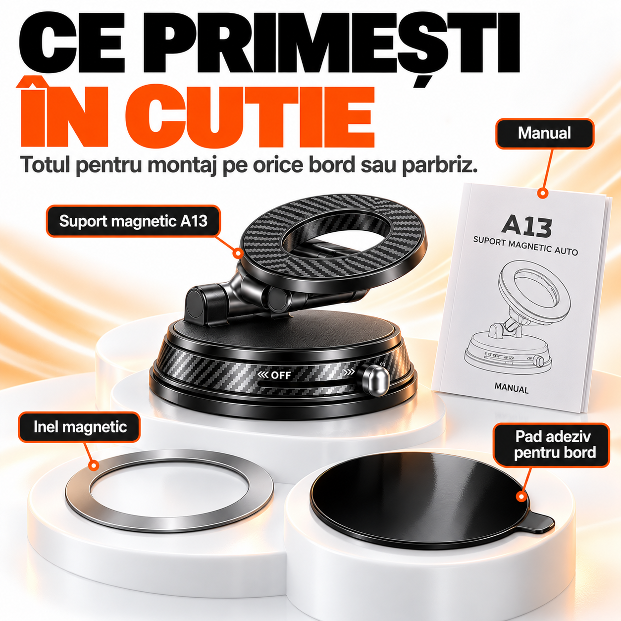 Suport Telefon Auto Magnetic EvoSmart A13 cu Ventuză Vacuum, Magneți N52, Rotire 1080°, Pliabil [10]