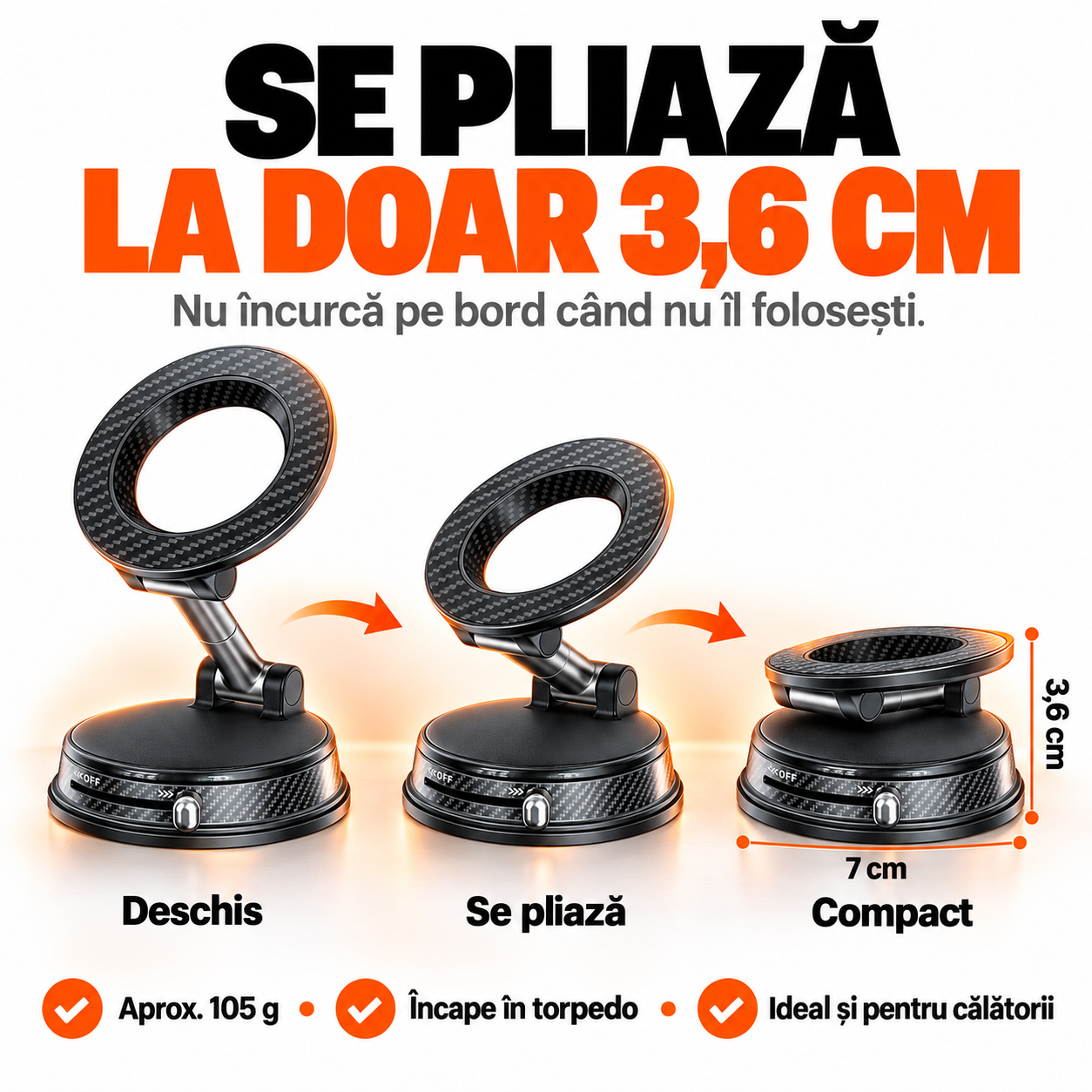 Suport Telefon Auto Magnetic EvoSmart A13 cu Ventuză Vacuum, Magneți N52, Rotire 1080°, Pliabil [7]