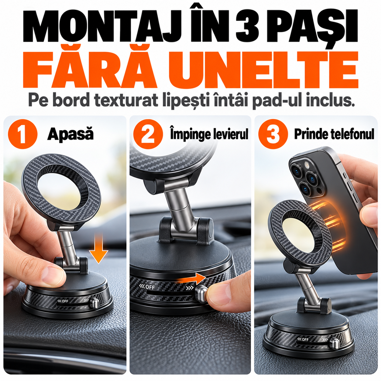 Suport Telefon Auto Magnetic EvoSmart A13 cu Ventuză Vacuum, Magneți N52, Rotire 1080°, Pliabil [2]