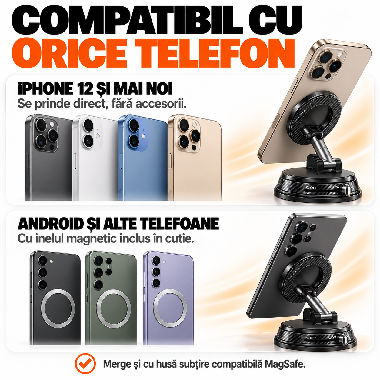 Suport Telefon Auto Magnetic EvoSmart A13 cu Ventuză Vacuum, Magneți N52, Rotire 1080°, Pliabil [9]