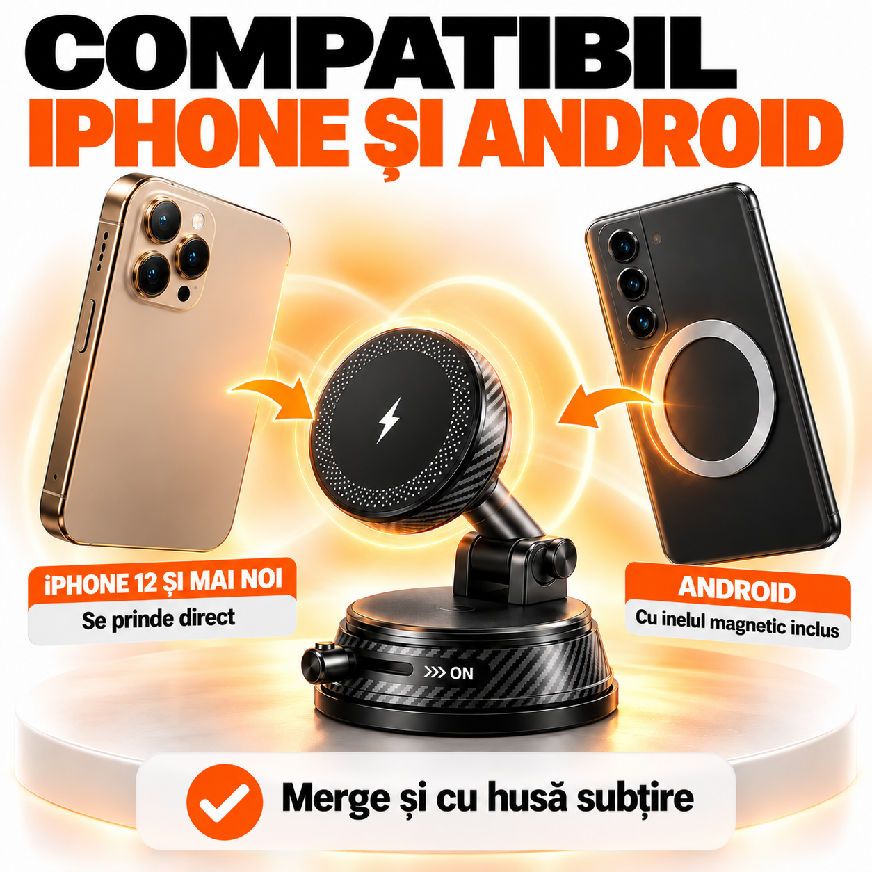 Suport Telefon Auto Magnetic EvoSmart A14 cu Încărcare Wireless 15W, Ventuză Vacuum, Rotire 1080°, Pliabil [9]