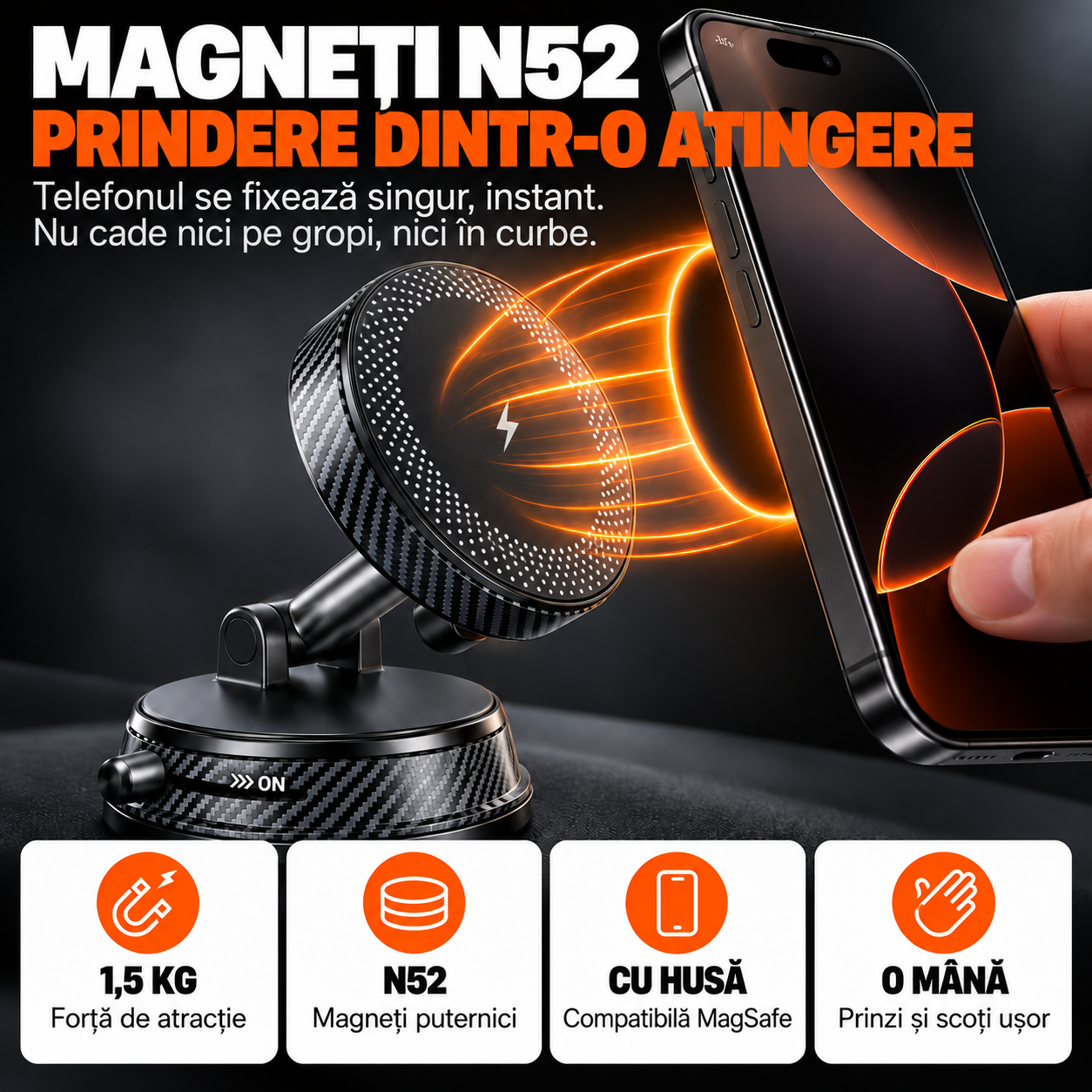 Suport Telefon Auto Magnetic EvoSmart A14 cu Încărcare Wireless 15W, Ventuză Vacuum, Rotire 1080°, Pliabil [6]
