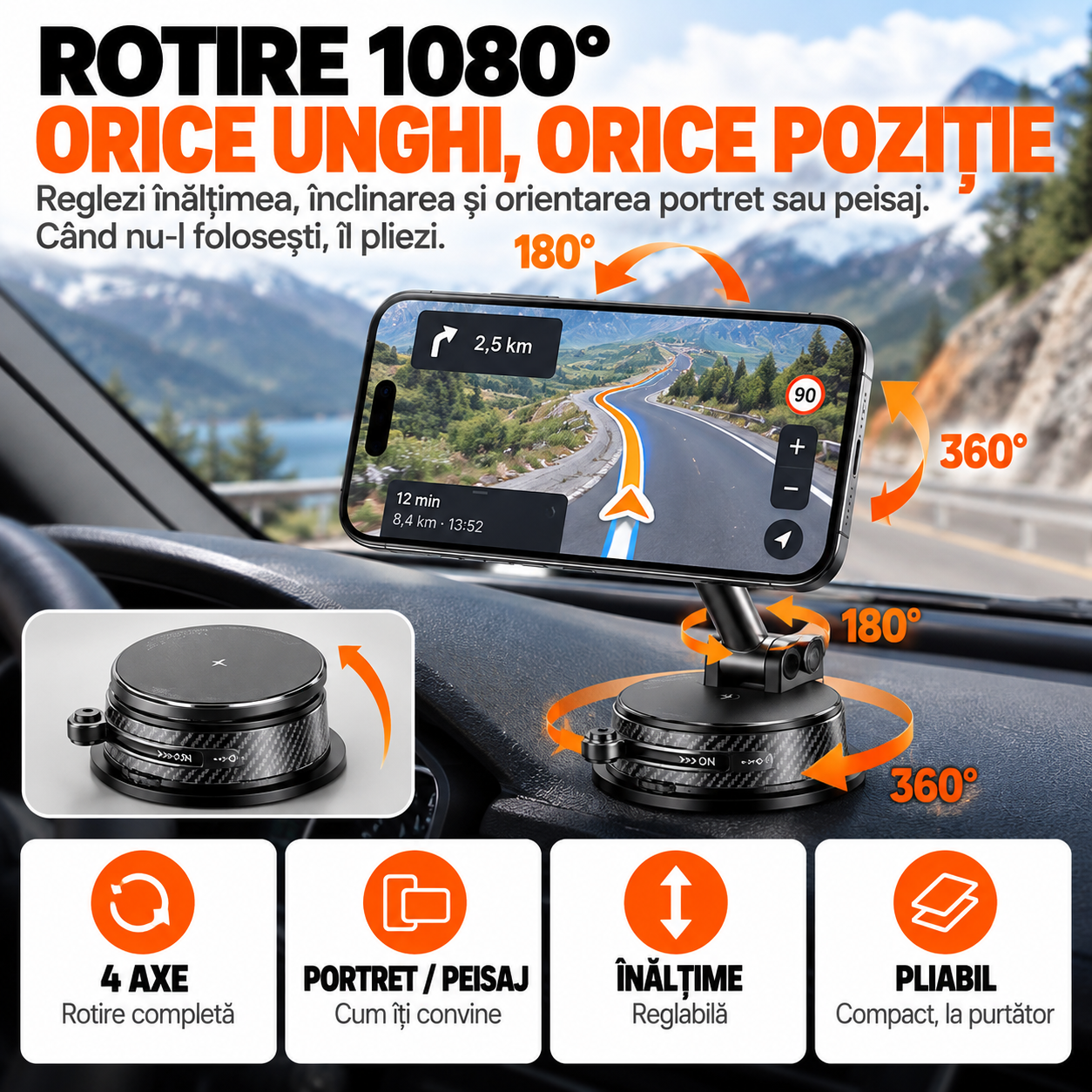 Suport Telefon Auto Magnetic EvoSmart A14 cu Încărcare Wireless 15W, Ventuză Vacuum, Rotire 1080°, Pliabil [7]