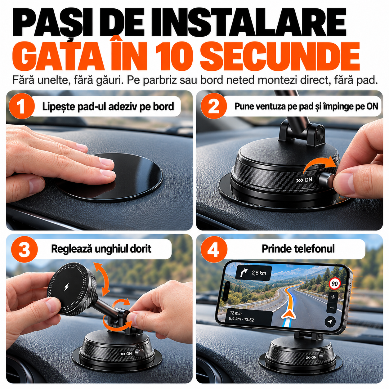 Suport Telefon Auto Magnetic EvoSmart A14 cu Încărcare Wireless 15W, Ventuză Vacuum, Rotire 1080°, Pliabil [8]