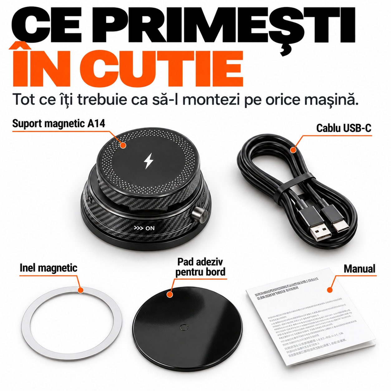 Suport Telefon Auto Magnetic EvoSmart A14 cu Încărcare Wireless 15W, Ventuză Vacuum, Rotire 1080°, Pliabil [10]