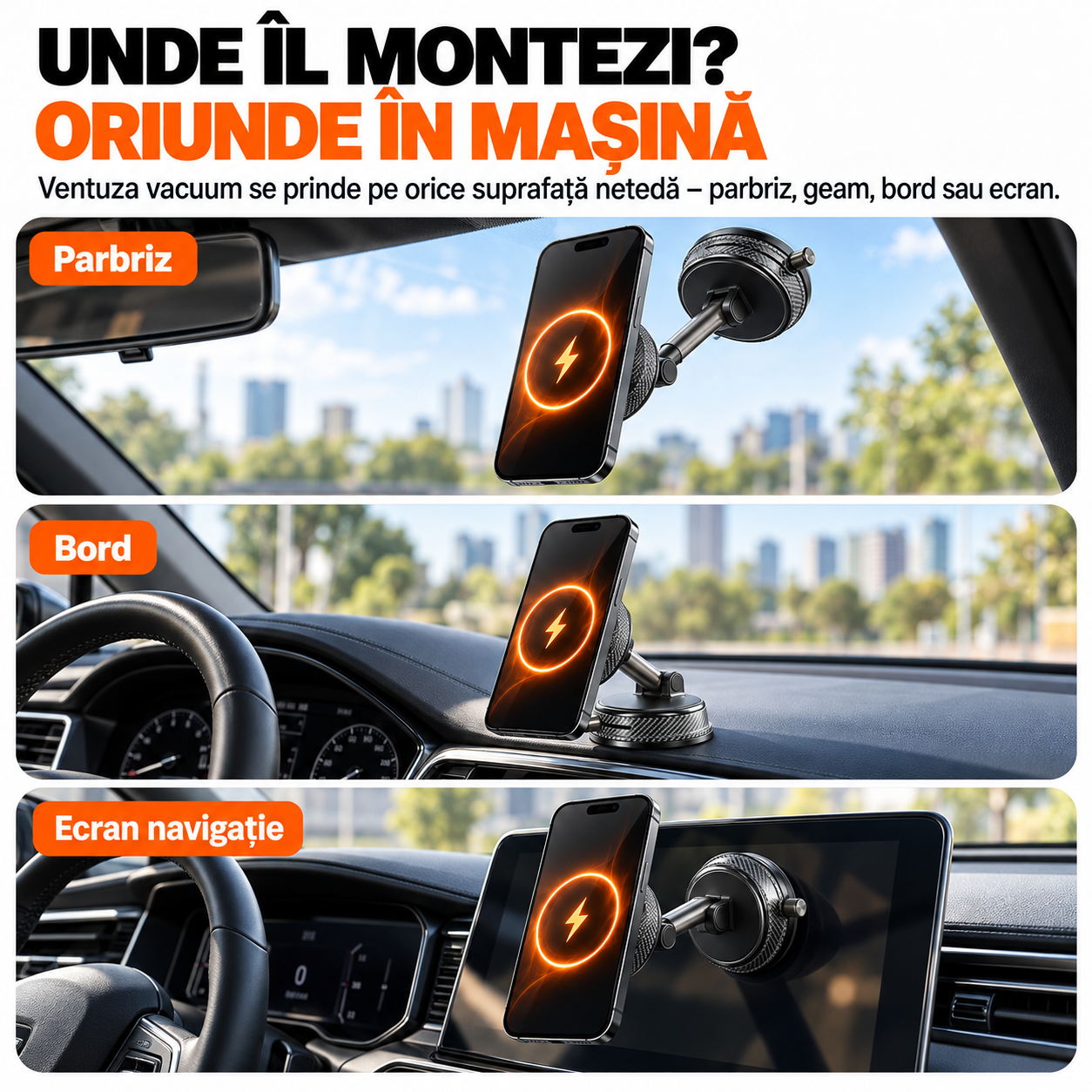 Suport Telefon Auto Magnetic EvoSmart A14 cu Încărcare Wireless 15W, Ventuză Vacuum, Rotire 1080°, Pliabil [2]