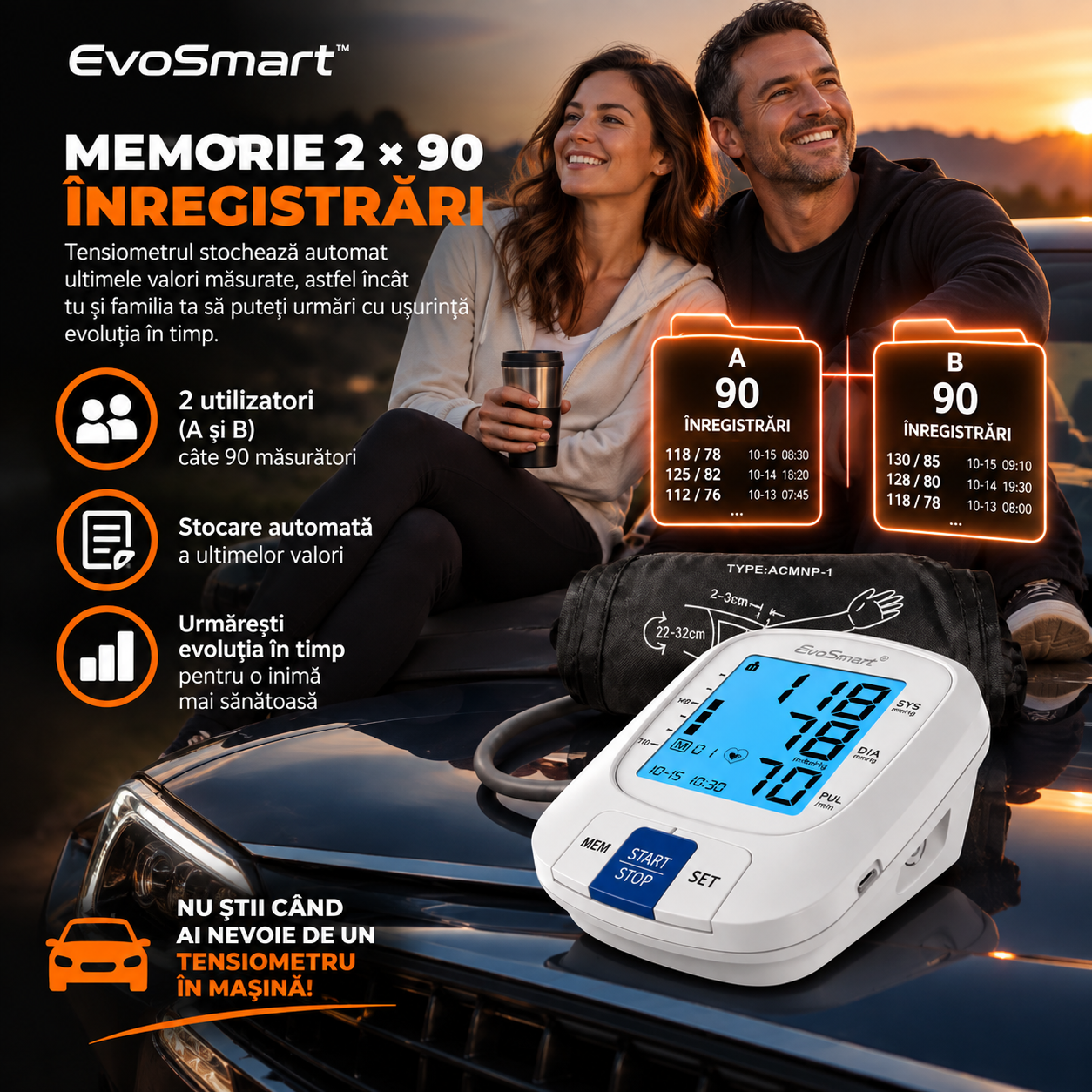 Tensiometru de brat EvoSmart™ 808 Portabil Auto [10]