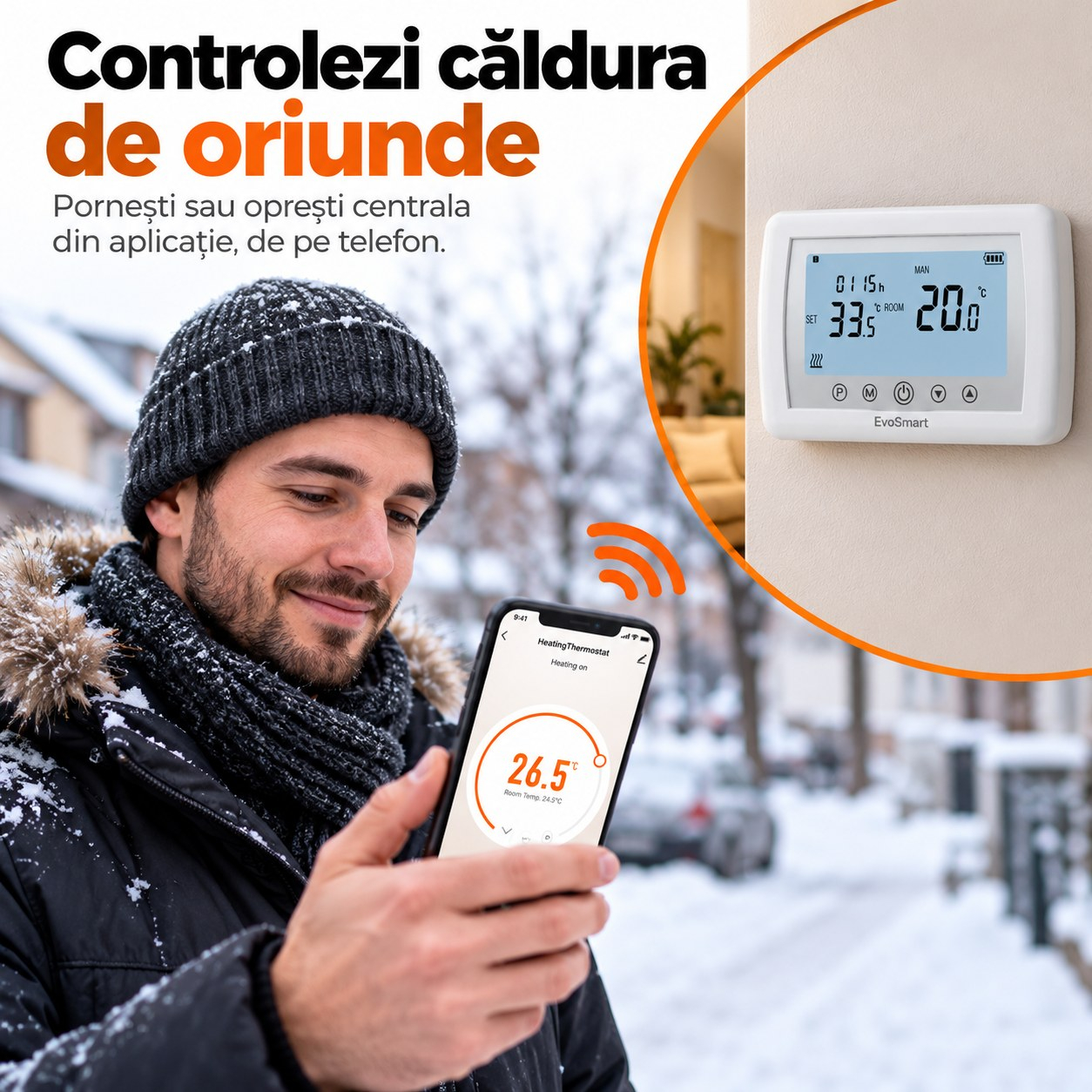 Termostat Inteligent Wi-Fi EvoSmart WT-08 Fără Fir, Control din Aplicație, pe Baterii, Alb [2]