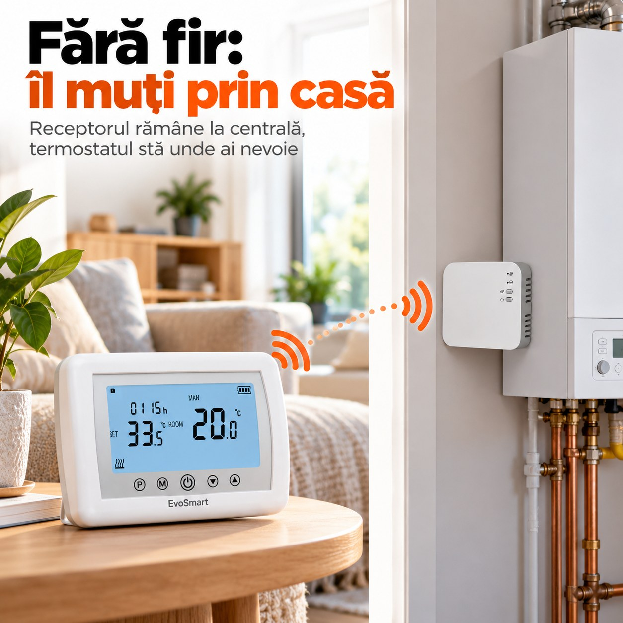Termostat Inteligent Wi-Fi EvoSmart WT-08 Fără Fir, Control din Aplicație, pe Baterii, Alb [3]