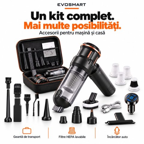 Produse - Aspirator auto fara fir EvoSmart 4-in-1 cu accesorii, filtre si geanta