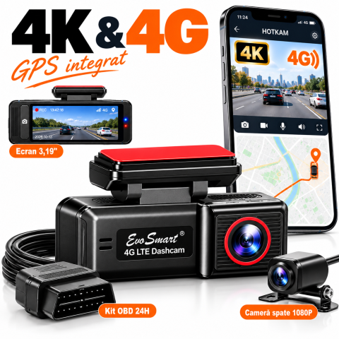 Produse - Cameră auto de bord EvoSmart U426 4K cu 4G LTE și GPS – kit complet