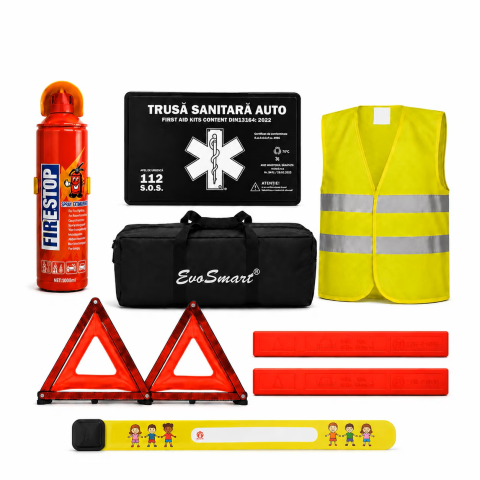 Produse - Kit siguranță auto EvoSmart omologat RAR cu trusă, triunghiuri, stingător și vestă