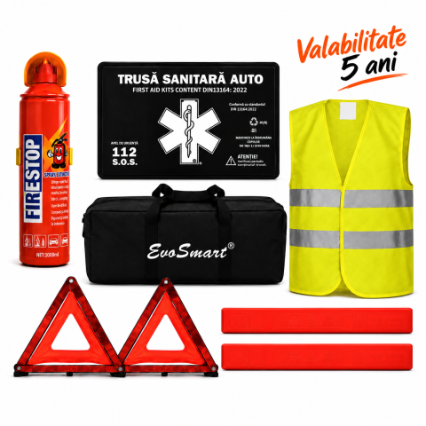 Produse - Kit siguranță auto EvoSmart omologat RAR cu trusă, triunghiuri, stingător și vestă
