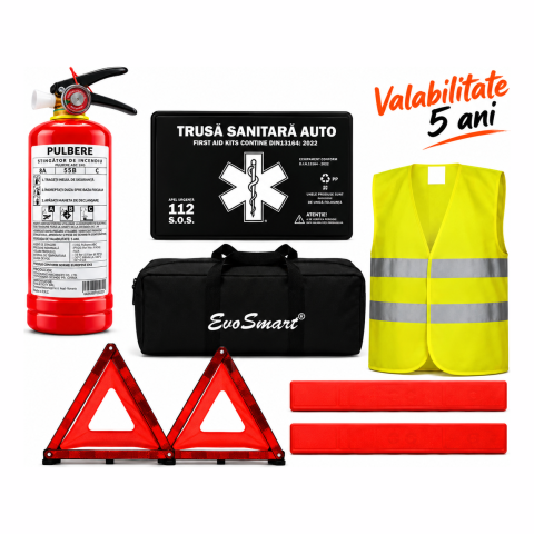Produse - Kit siguranță auto EvoSmart omologat RAR cu trusă, triunghiuri, stingător și vestă