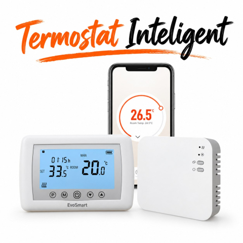 Produse - Termostat Inteligent Wi-Fi EvoSmart WT-08 Fără Fir, Control din Aplicație, pe Baterii, Alb