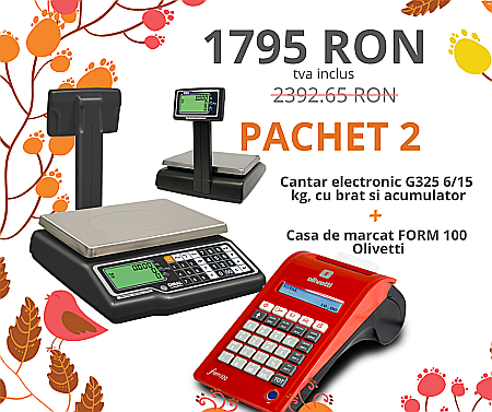 ALTE ECHIPAMENTE - Pachet 2: Casa de marcat Form100 Olivetti + Cantar comercial G325 6/15kg, cu brat si acumulator