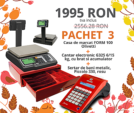 ALTE ECHIPAMENTE - Pachet 3: Casa de marcat Form100 Olivetti + Sertar de bani Piccolo 330 rosu + Cantar G325 6/15kg, cu brat si acumulator