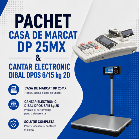 Cantare electronice conectare POS - Pachet Casa de Marcat Datecs DP 25MX & Cântar Electronic DIBAL D-POS 6/15 kg cu afișaj dublu pe braț