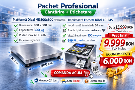 INDUSTRIALE - Pachet Profesional: Platformă Dibal ME 800x800 mm (300 kg) + Imprimantă Etichete Dibal LP-545