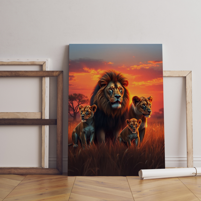 Tablou canvas familie de lei pe stâncă la apus – decor de impact sub cer înstelat [1]