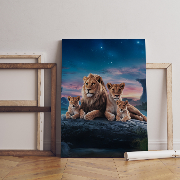 Tablou canvas familie de lei pe stâncă la apus – decor de impact sub cer înstelat [1]