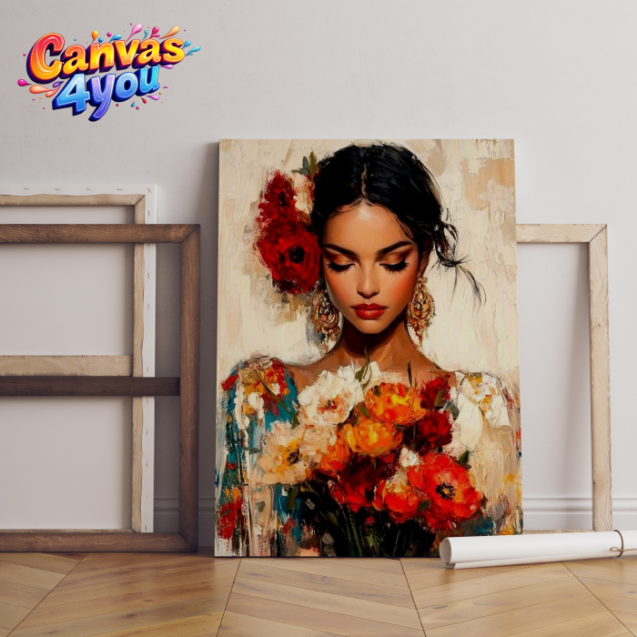 Tablou canvas "Floare și foc" – Portret feminin cu buchet floral vibrant [1]