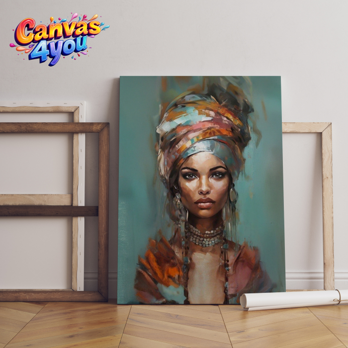 Tablou canvas "Regală în turcoaz" – Portret regal cu detalii etnice și fundal turcoaz [1]