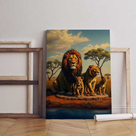 Lei - Tablou canvas familie de lei pe stâncă la apus – decor de impact sub cer înstelat