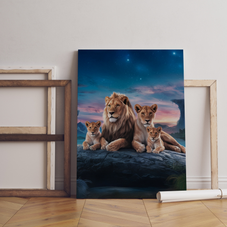 Lei - Tablou canvas familie de lei pe stâncă la apus – decor de impact sub cer înstelat