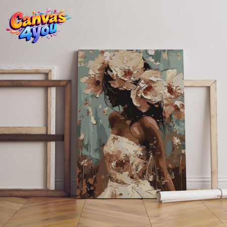 Portrete picturale - Tablou canvas "Femeia naturii" – Portret boem cu flori pictate și fundal natural