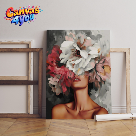 Tablouri canvas - Tablou canvas "Floare de tăcere" – Portret feminin acoperit de flori picturale