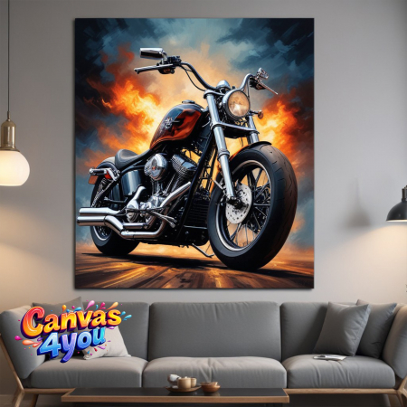 Motociclete - Tablou canvas „Motorul libertății” – Motocicletă cromată pe fundal cu flăcări