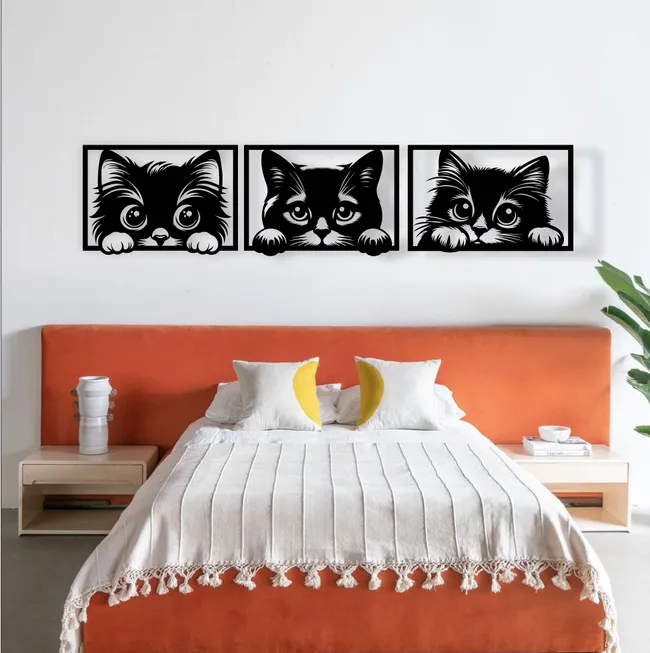 Decoratiune MDF - Tablou MDF „Priviri Jucăușe” – set decorativ cu 3 pisici stilizate