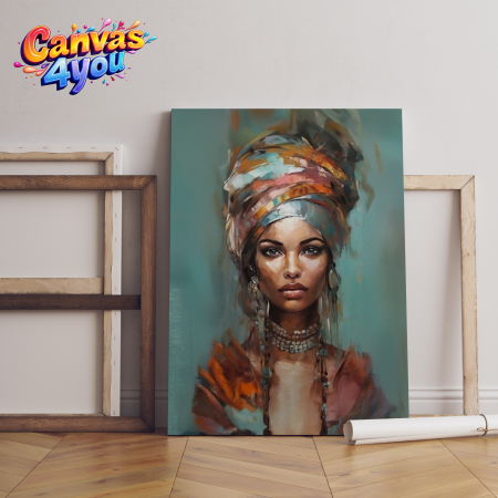 Portrete picturale - Tablou canvas "Regală în turcoaz" – Portret regal cu detalii etnice și fundal turcoaz